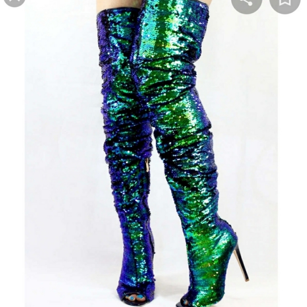 Sequin Mermaid Knee Hi Boots Open Toe Zip